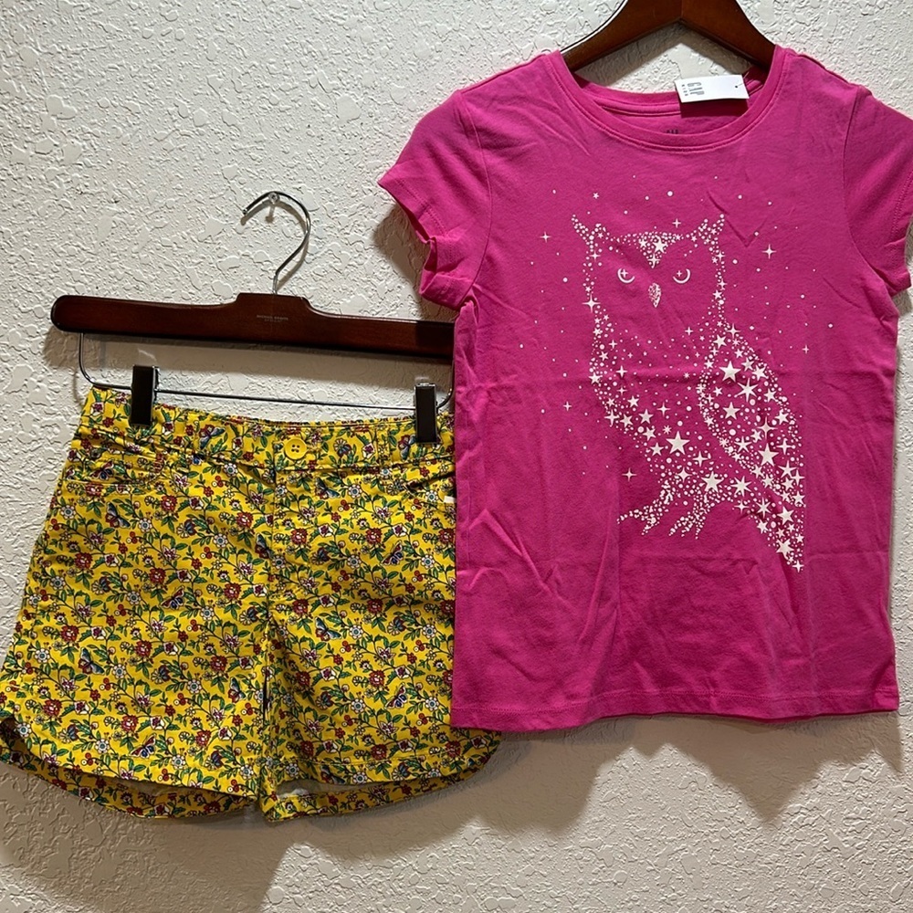 GAP kids pink and yellow girls set size 12 NWT floral shorts and owl top pink..